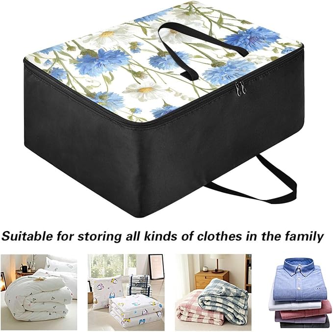 Comforter Storage Bags Large Folding Blanket Organizer Bag with Strong Handles Clear Window Closet Storage Containers for Clothes King Queen Pillows Bedding Quilt Duvet Blue Cornflowers Butterf