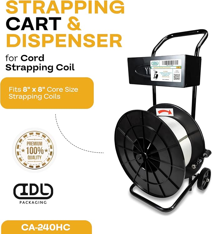 IDL Packaging Strapping Cart & Dispenser for Cord Strapping (8" x 8" Core) | CA-240HC for Composite Cord Coils - Solid Steel Tube Frame for Durability - Spacious Tray for Cutter, Buckles & Gloves