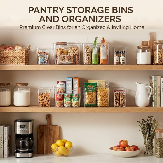 MOONEDGE 8 Pack Clear Plastic Storage Organizer Bins, 4 Large & 4 Narrow | Pantry Organizers and Storage, Clear Bins for Organizing, Narrow Storage Bins, Fruit Storage Containers for Fridge, Kitchen