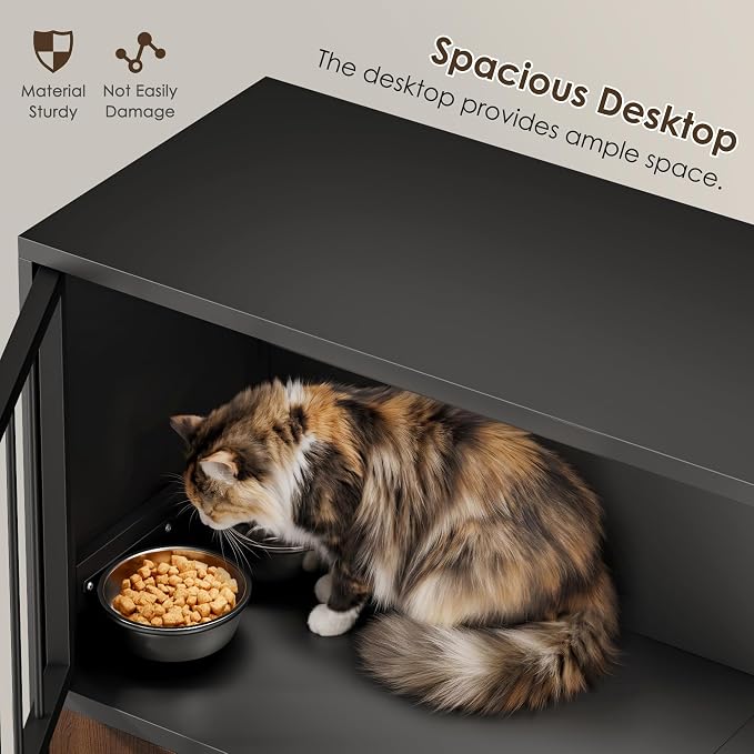 Dog Proof Cat Feeding Station, Metal Cat Feeding Cabinet, Black | Elevated Cat Feeding Station, Pet Food Station with Storage, Cat Bowl Stand, Scratching Board, Stainless Steel Bowls