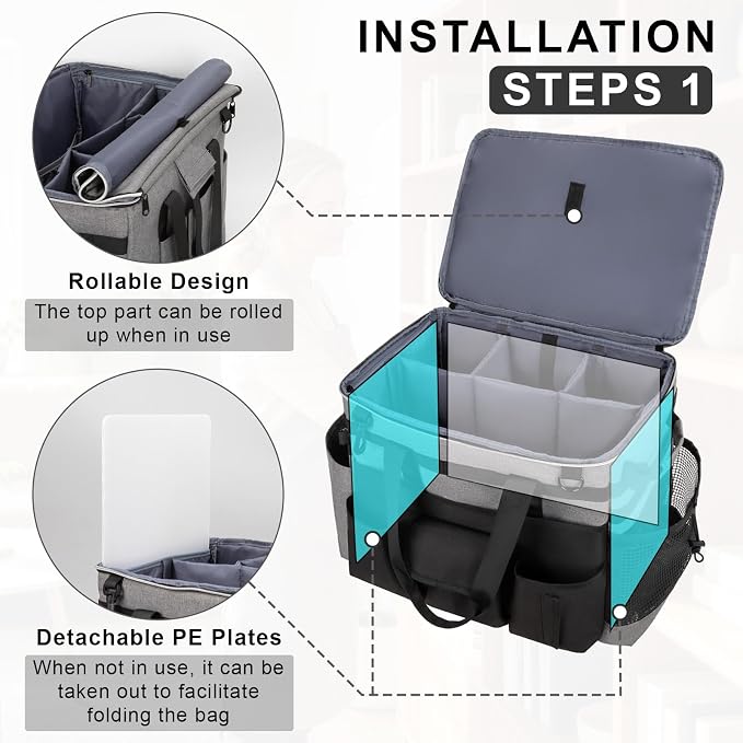 Large Rolling Cleaning Caddy with Wheels, Cleaning Supplies Organizer | With Detachable Trolley, Water-resistant Cleaner Cart for Housekeepers, Multi Pocket Cleaning Cart with Strap, Gray