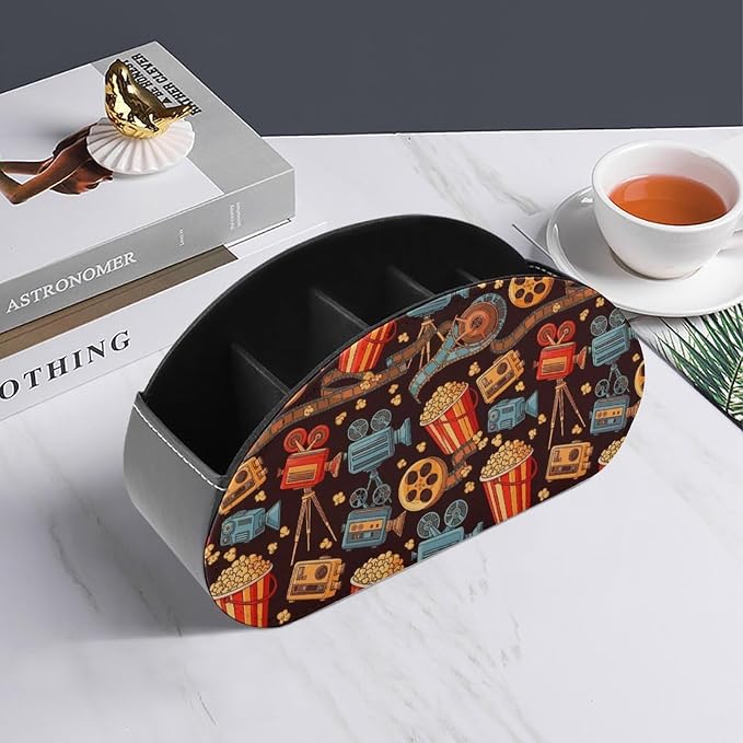 Leather Remote Control Holder Movie Theater Popcorn Office Desk Organizer | with 5 Compartments, Movie Theater Cinema Popcorn Caddy Storage Box for TV Remotes, Media Controllers, Makeup Brush