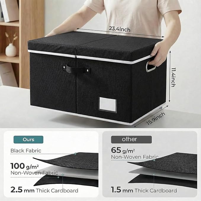 Storage Boxes with Lids [3-Pack] Fabric Collapsible Storage Bins Organizer Containers Baskets Cube with Cover for Home Bedroom Closet Office Nursery Black（23.4X15.9X11.5