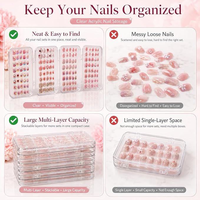 Tri-Fold Press On Nail Organizer Case | 4-Page Portable Storage Box for Fake Nails, Clear PET Plastic Travel Holder (6×3.2×1.8 inch)