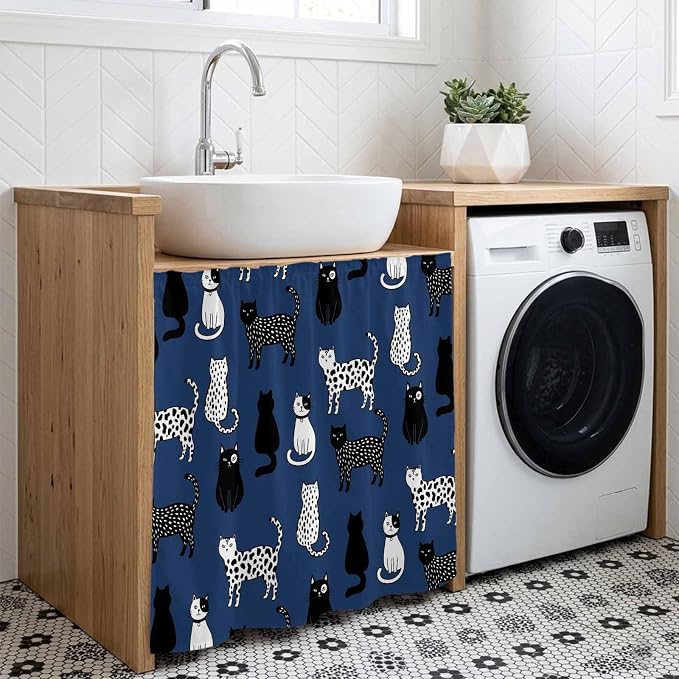 Cat Animal Cabinet Curtain 35"Wx35"L, Dustproof Under Sink Skirt with Self Adhesive Tape, Navy Blue Earthy Tone Vintage Pet Modern Cabinet Curtain Cover for Kitchen Sink, Bathroom Vanity, Laundry Room