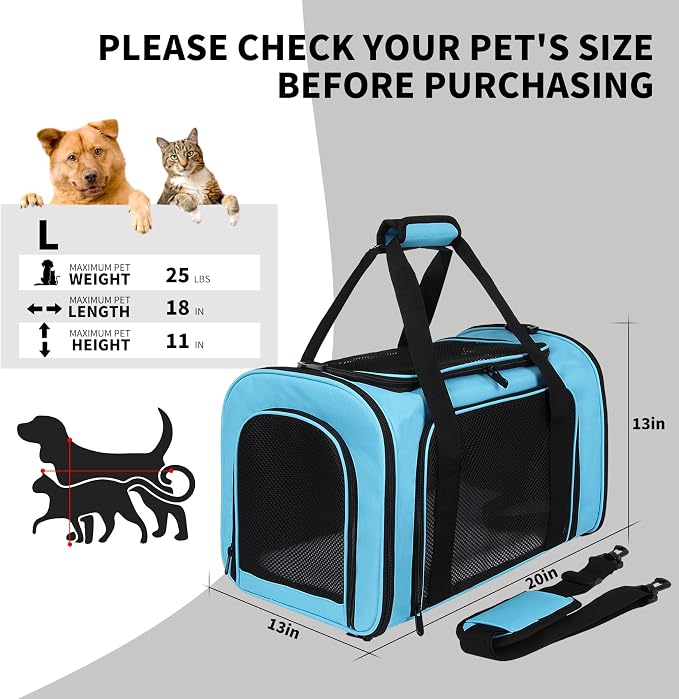 Pet Carriers Soft-Sided Airline Approved Carrier Bag for Small Cats Dogs (Medium,Blue)