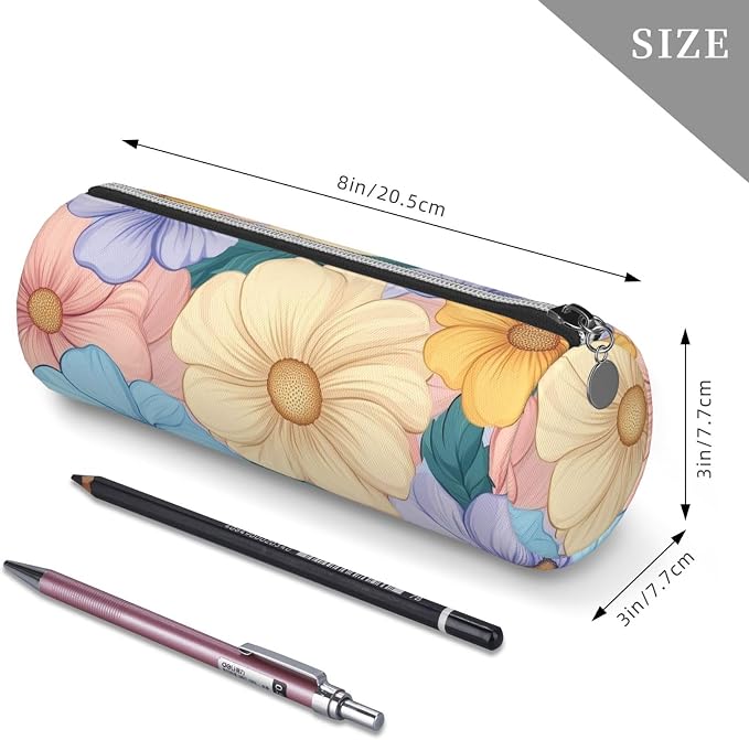 OSAM SPACE Leather Pencil Case Round Pencil Bag Flowers Boho Colorful Pen Organizer Holder Portable Zipper Pouch Cute School Supplies for Girls Boys Study Office