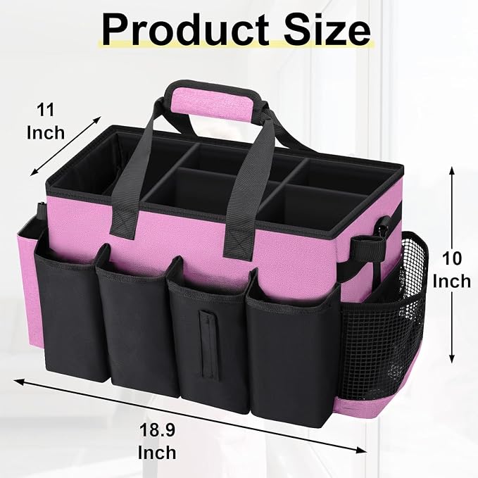 Wearable Large Cleaning Caddy Bag for Housekeepers (Pink) | Cleaning Supplies Organizer with Adjustable Shoulder, Waist & Handle Straps, Detailing Bag for Kitchen Supplies