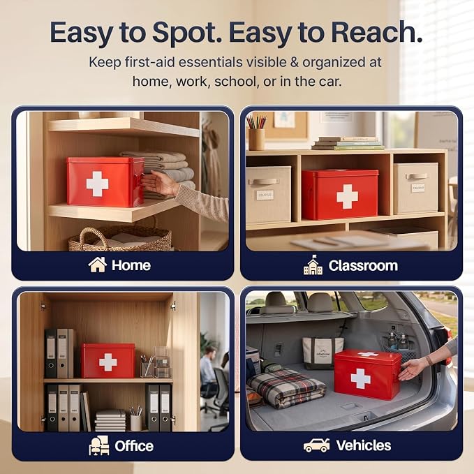 Flexzion Large Metal First Aid Box Empty, 13-Inch, Red with White Cross | Vintage Medicine Box and First Aid Storage Organizer with Removable Tray and Dividers; Empty Box Only, Supplies Not Included
