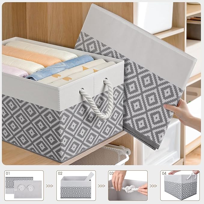 StorageTastic Storage Bins, 6-Pack Large Storage Box | with Rope Handles, Collapsible Storage Basket for Organizing Books,Clothes,Rhombic Grey