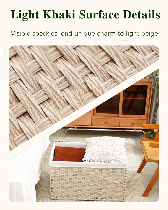 SETVSON Storage Basket with Lid 160L Wicker Baskets Storage Light Khaki | Divided Clothes Organizer,42.3 Gallon Dual Lid Jumbo Blanket Storage Trunk, 2 Washable Liner Bags, Collapsible PE Rattan Bin