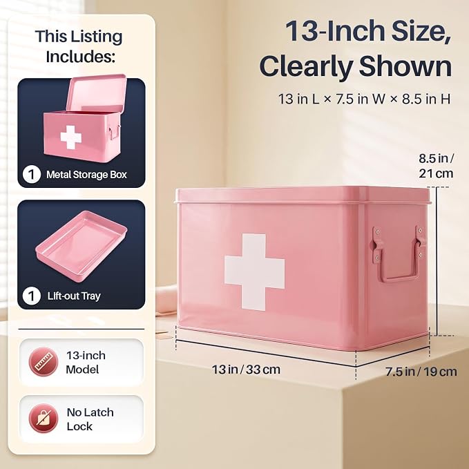 Flexzion Large Metal First Aid Box Empty, 13-Inch, Pink with White Cross | Vintage Medicine Box and First Aid Storage Organizer with Removable Tray and Dividers; Empty Box Only, Supplies Not Included