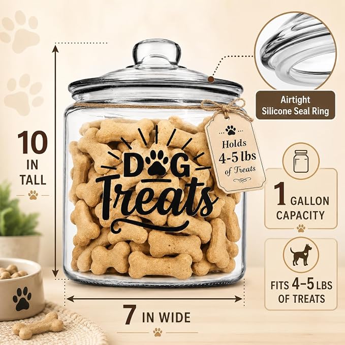 1-Gallon Glass Dog Treat Container Airtight – Large Countertop Dog Cookie Jar with Lid for Dog Treat Storage, Decorative Treat Jar & Dachshund Accessories