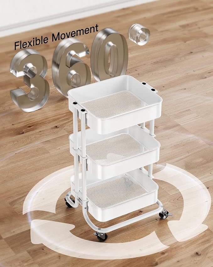 Pipishell 3 Tier Metal Rolling Utility Cart with 2 Lockable Wheels, White | 360° Rotating Wheel, Heavy-Duty Steel, Sturdy Dual Columns, Ventilated Mesh, Hold 22 lbs per Shelf, for Kitchen & Living Room