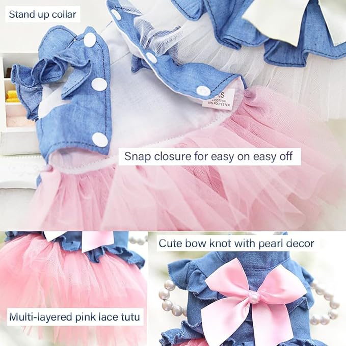 Dog Cat Denim Tutu Dress, Princess Puppy Kitten Outfit with Pearl Bow & Stand-Up Collar, Sleeveless Pet Clothes for Wedding Birthday Party, Easy Front Snap Closure for Chihuahua (Pink-Denim, Small)