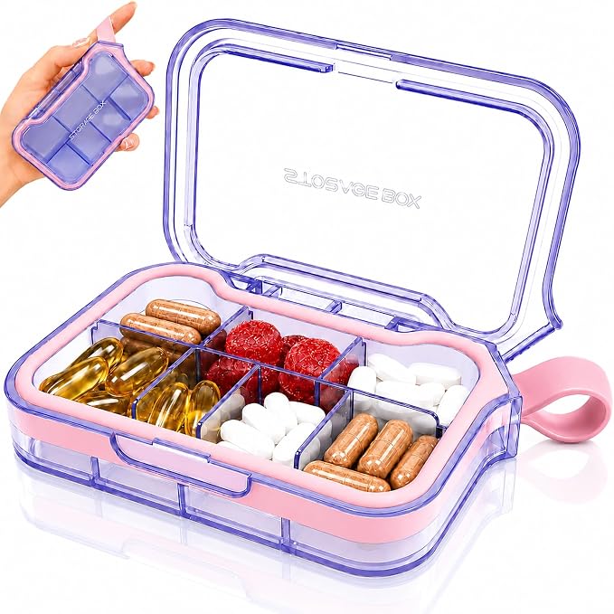 Small Pill Case with Handle, Travel Pill Organizer, Pocket Medicine Box | 7 Compartments Compact Pill Box for Fish Oil Vitamins Supplements Daily Medications, Purse Backpack Office