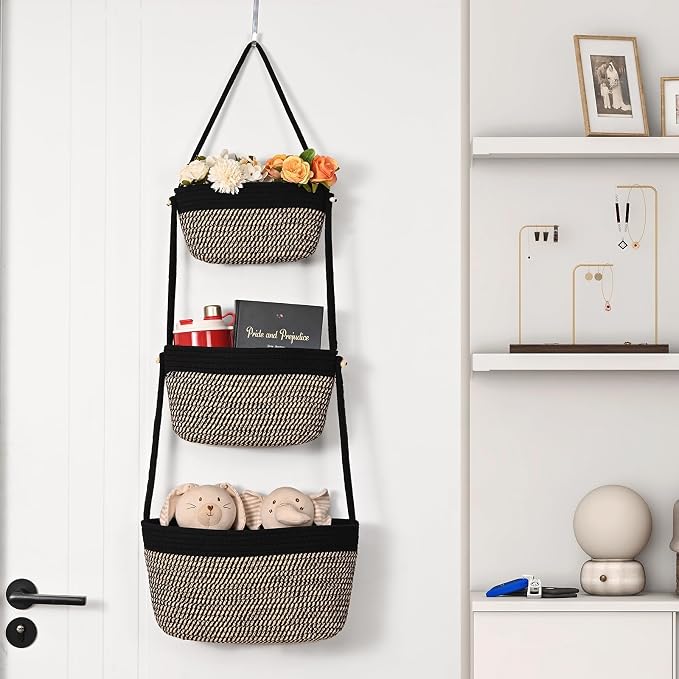 Hanging Basket, 3-Tier Woven Wall Basket with 4 Hooks, Cotton Rope Storage Baskets, Over the Door Organizer for Nursery, Bedroom, Cottage and Boho Wall Decor