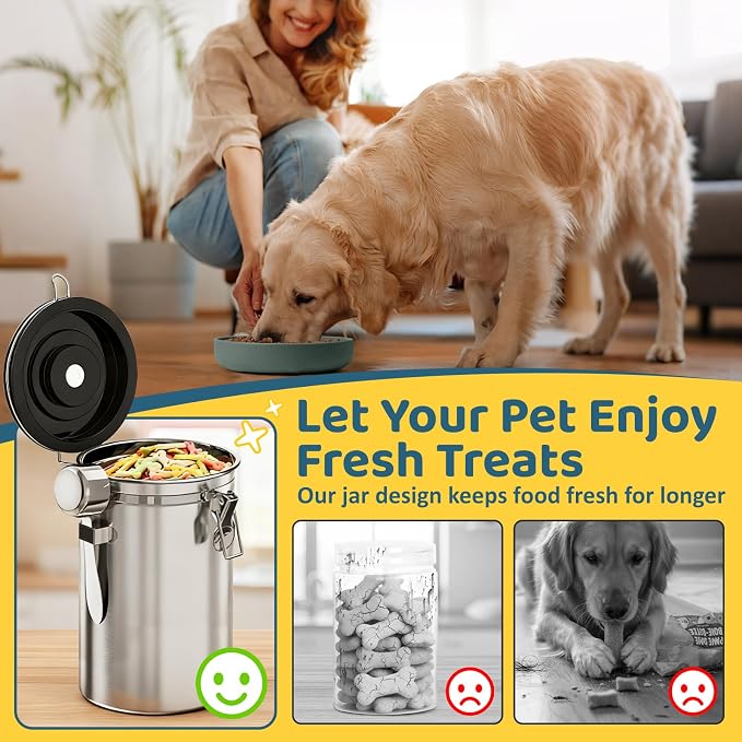 ENONCI Airtight Dog Treat Canister, 304 Stainless Steel Food Storage Jar with Date Dial Silver-2.8L