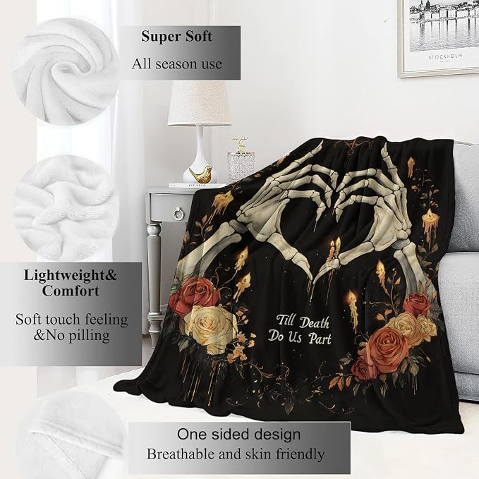 Gothic Skeleton Heart Blanket Goth Hand and Rose Throw Blankets,Birthday Gifts for Kids Adult,Lightweight Soft Fleece,Romance Lovers,Sofa Couch Bed Room Horror Halloween Decor 50x60in