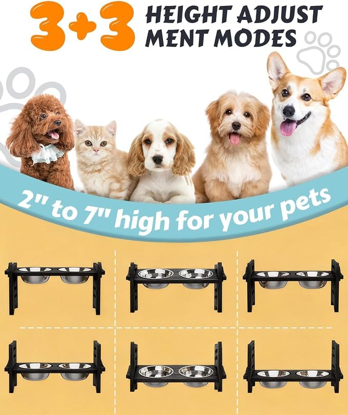 Jovrun Elevated Dog Bowls, Adjustable Raised Dog Bowl Stand for Small Size Dogs and Cats, 15°Tilted Elevated Cat Bowls, Durable Bamboo Dogs Feeder with 2 Stainless Steel Bowls and Non-Slip Feet