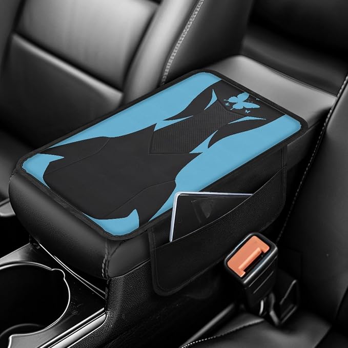 Howilath Car Center Console Cover, Universal Armrest Cushion Pad | Blue Butterfly Anti-Slip Backing, Elastic Install, Protects Armrest from Wear and Pet Damage