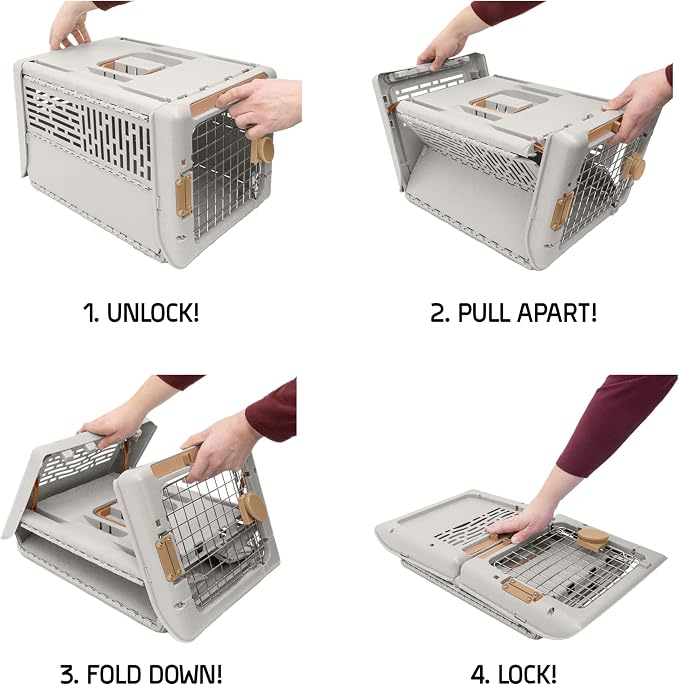 SportPet Designs Collapsible Small Pet Travel Carrier (Tan), Hard-Sided Kennel for Small Dogs, Puppies, Cats, Kittens, Animals up to 25lbs, Washable Home & Outdoor Pet Crate, 24.5"L x 16.5"W x 16"H