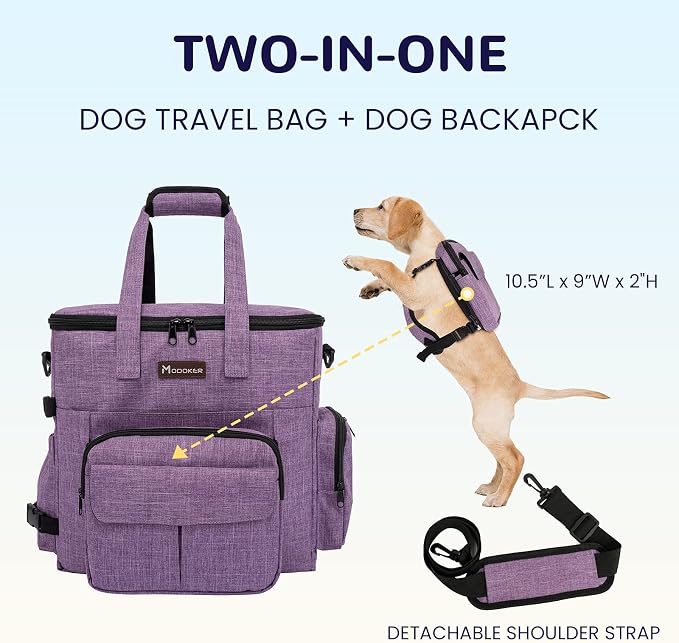 Modoker Dog Travel Organizer Carriers for Supplies & Accessories, Airline Approved Cat Pet Travel Bag, 2 Collapsible Bowls, 2 Travel Dog Food Container, Purple | Dog travel accessories set with feeding supplies, bowls, mat, and strap. Ideal for weekend...