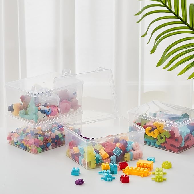 SiliFine 4 Pcs Clear Plastic Storage Bins with Lids Stackable for Toys | 7.1 x 5.2 x 3.4 Inch, Stackable, Organizer Containers, for Playroom Shelves, Holds Puzzles, Small Building Blocks, Crafts