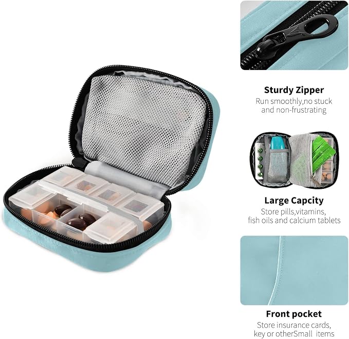 Naanle Pill Box 7 Day Pill Case Travel Pill Organizer Bag Zipper Portable Weekly Case Compact Size Vitamin Supplement Holder, Solid Color Sky Blue 4.6 x 3.14 x 1.88 Inch 1.0 Count 0.12 kilograms