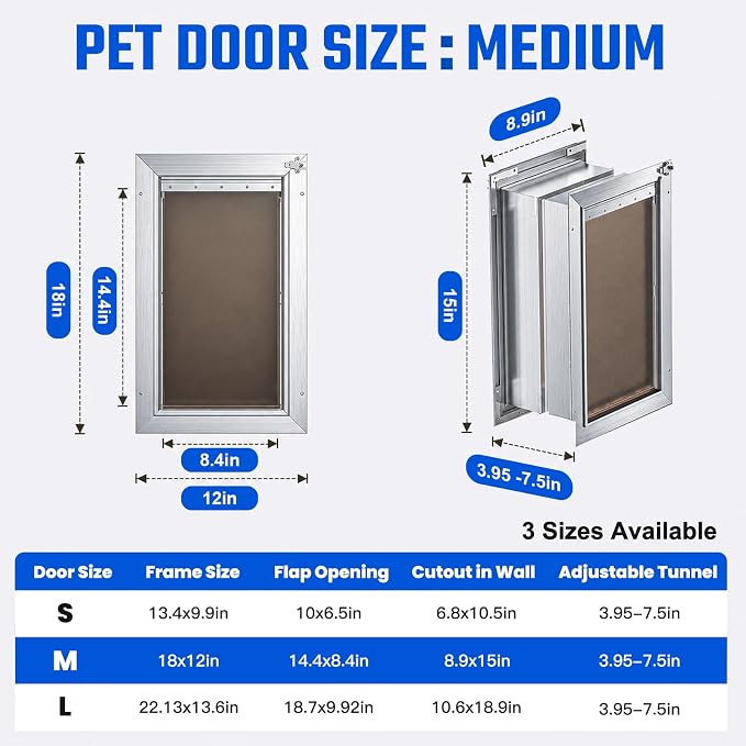 Dog Door for Wall, Medium Doggy Door, Heavy Duty Cat Pet Door, All Aluminum Frame, 2 Magnetic Flaps, Energy Efficient, Sliding Lock Panel, Easy to Install (Pets Up to 45 LB) | 2 Magnetic Flaps, Energy Efficient, Wide Telescoping Tunnel, Closing Panel &...