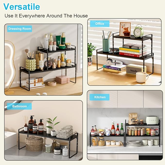 15.5 to 25.5 Inch Kitchen Cabinet Shelf Organizers，Kitchen Shelf Organizer | Adjustable Counter Organizer, Set of 4 Expandable Countertop Storage Shelves, Stackable Design, 30LBS Heavy Duty, Space Saver