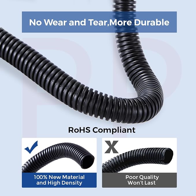 Wire Loom 1/4 inch 10ft, Split Loom, Outdoor Cord Protector | Flexible Wire Conduit Automotive, Wire Protector Tubing, Black
