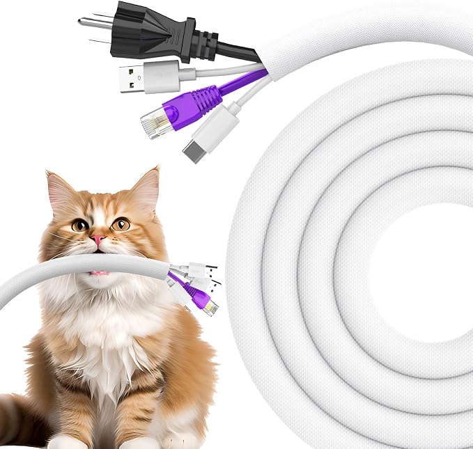 UOMTFAI Dog and Cat Cord Protector 10ft - 1/2inch, Flexible Cable Sleeve for Easy Cord Management, Protects Cables from Pets Chewing, Ideal for USB, Power, Audio and Video Cords - White