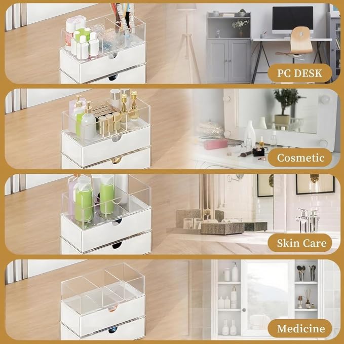 3 Tier Medicine Cabinet Organizer and Storage,Stackable Bathroom Medicine Organizer with Removable Dividers, Plastic Vanity Storage,White