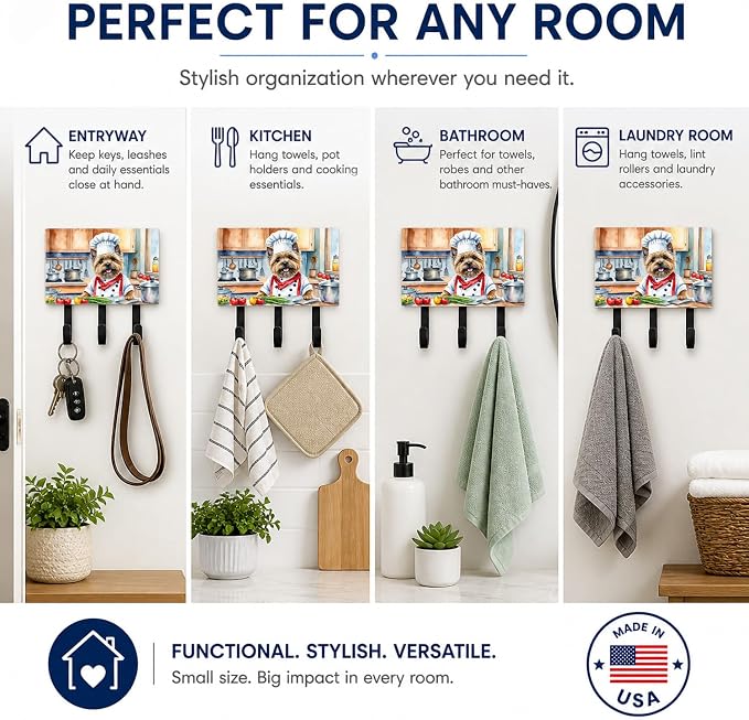 Caroline's Treasures Cairn Terrier The Chef Leash or Key Holder Wall Hooks, Key Hooks Holder, Coat Rack Wall Mount, Coat Hooks, Hooks for Hanging Keys, Towels, Aprons, Leashes | Cairn Terrier The Chef artwork on ceramic tile with three steel hooks for ...
