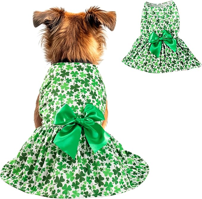 St. Patrick's Day Dog Costume Dress M – Lucky Clover and Horseshoe Design with Green Bow, Pet Outfit for 8-9 lbs Dogs and Cats, Holiday Party Clothes