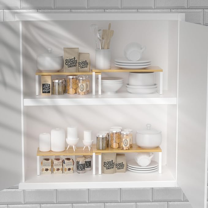 NEX Kitchen Cabinet and Counter Shelf Organizer, Stackable & Expandable, Set of 4, White and Natural - 7.7 x 15.6 x 6.2'' | Stackable Expandable Spice Rack, Space-Saving Pantry Organizers Bathroom Countertop Storage, White and Natural
