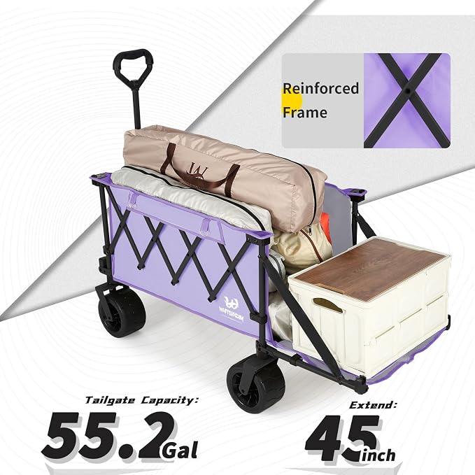 Whitsunday Collapsible Wagon with Tailgate and Big Wheel,Heavy Duty Utility Folding Wagons for Beach Camping Outdoor Purple