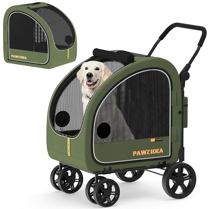 PAWZIDEA 3-in-1 Large Dog Stroller with Detachable Carrier, 45% Extra Tall | Dog Crate Car Travel for 2 Medium Dogs Sit Upright, Foldable Jogger Pet Stroller All-Terrain, Adjustable Handle, Up to 100lbs