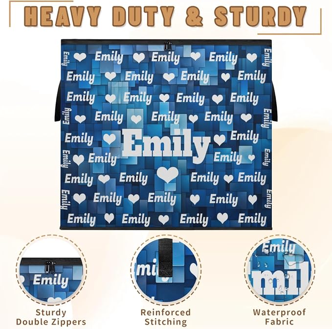 Personalized Storage Bags with Lid Large Blanket Clothes Blue Geometric Pattern Love Hearts Organization and Storage Containers for Comforters,Bedding, Foldable Organizer with Reinforced Handle
