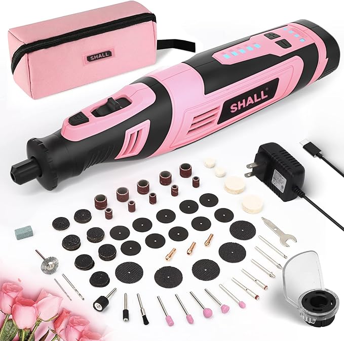 SHALL 8V Cordless Rotary Tool Kit, Pink Lightweight 2.5 Ah Battery Rechargeable Rotary Tool w/ 121 Accessories, 5-Speed Power Rotary Tool for Sanding, Carving, Polishing, Engraving, Pet Grooming