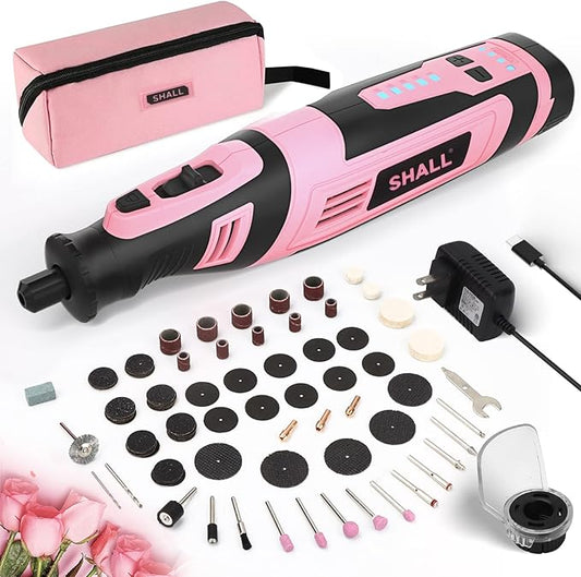 SHALL 8V Cordless Rotary Tool Kit, Pink Lightweight 2.5 Ah Battery Rechargeable Rotary Tool w/ 121 Accessories, 5-Speed Power Rotary Tool for Sanding, Carving, Polishing, Engraving, Pet Grooming