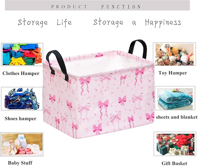 Gift Toy Storage Basket for Girls, Storage Organizer for Nursery Hamper Home Bedroom Laundry Hamper Shelf Baskets Pink Bowknot Pattern