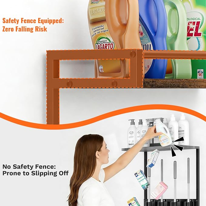 Broom Holder Wall Mount with Shelf, 15.7" Wx6.7 Dx15.7 H, 2 Packs | Load 66LBS, 4 Mop Hanger Grippers, 3 Hooks, for Laundry Room, Garage, Utility Closet, Kitchen