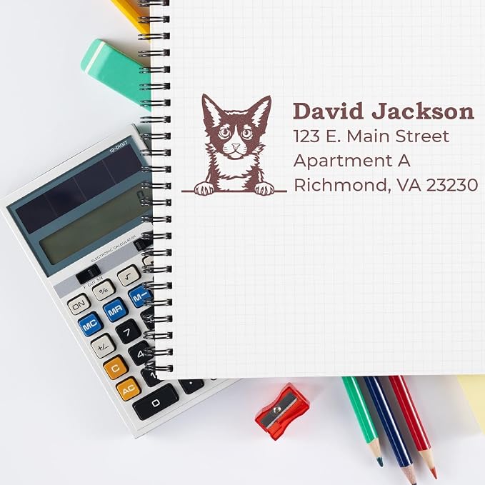 Peeking LaPerm Cat Wood Handle Address Stamp - Custom Rubber Stamp | Any standard pad works. Envelope Stamp with LaPerm Cat Design. Rubber Address Stamp for Pet Sitters Personalized. 4 lines.