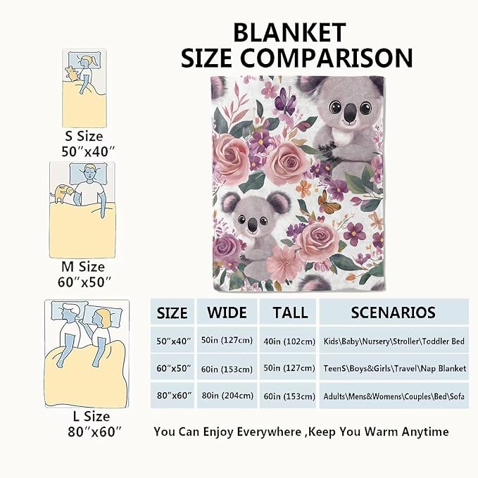 Koala Blanket,50x60in,Cute Floral Pastel Blossom Throw Blankets,Gifts for Kids Adult & Animal Lovers, Lightweight Soft Fleece,for Sofa Couch Bed Room Modern Decor