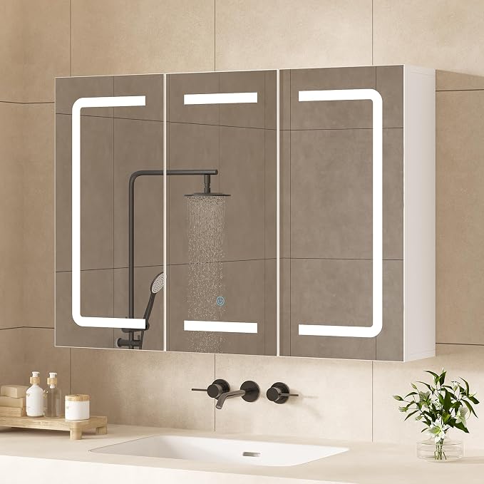 Medicine Cabinet Organizer with Mirror, Lighted Bathroom Medicine Cabinet with Storage, 3 Doors Bathroom Wall Cabinet with LED Lights, Adjustable Shelves & Outlets, 31.5'' x 23.6'', White