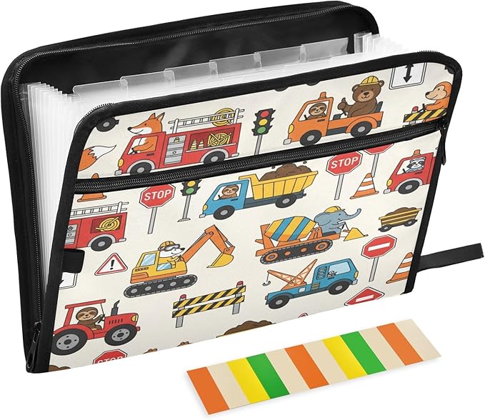Colorful Construction Truck 13 Pocket File Organizer Expanding File Folder with Front Pouch Portable Business File Storage Document Organizer Folder with Zipper