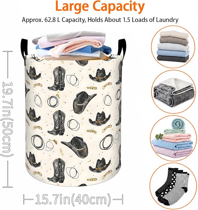 Western Cowboy Laundry Basket, Boot Black Hat Rope Oxford Cloth Dirty Clothes Collapsible Hamper for Room Decor, Rustic Gifts, Toy Organizer 19.7 x 15.7 Inches for Bedroom Bathroom Dorm