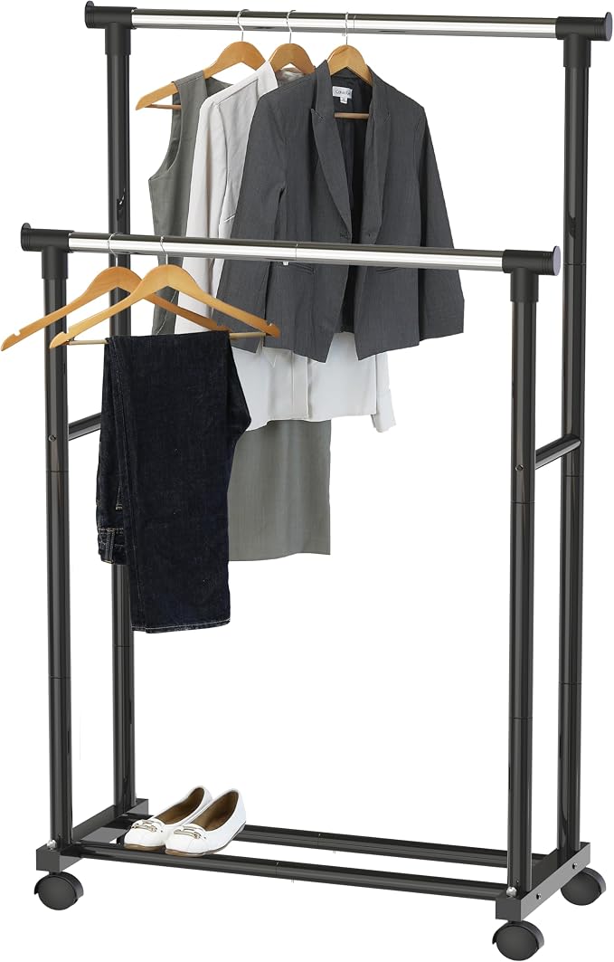 Simple Houseware Double Rods Clothing Hanging Rack on Wheels, Black | Metal Rolling Garment Rack